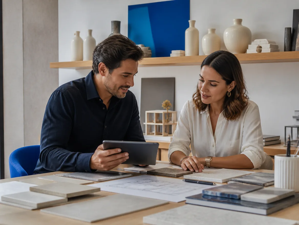 Profesional de arquitectura o consultoría conversando con un cliente.